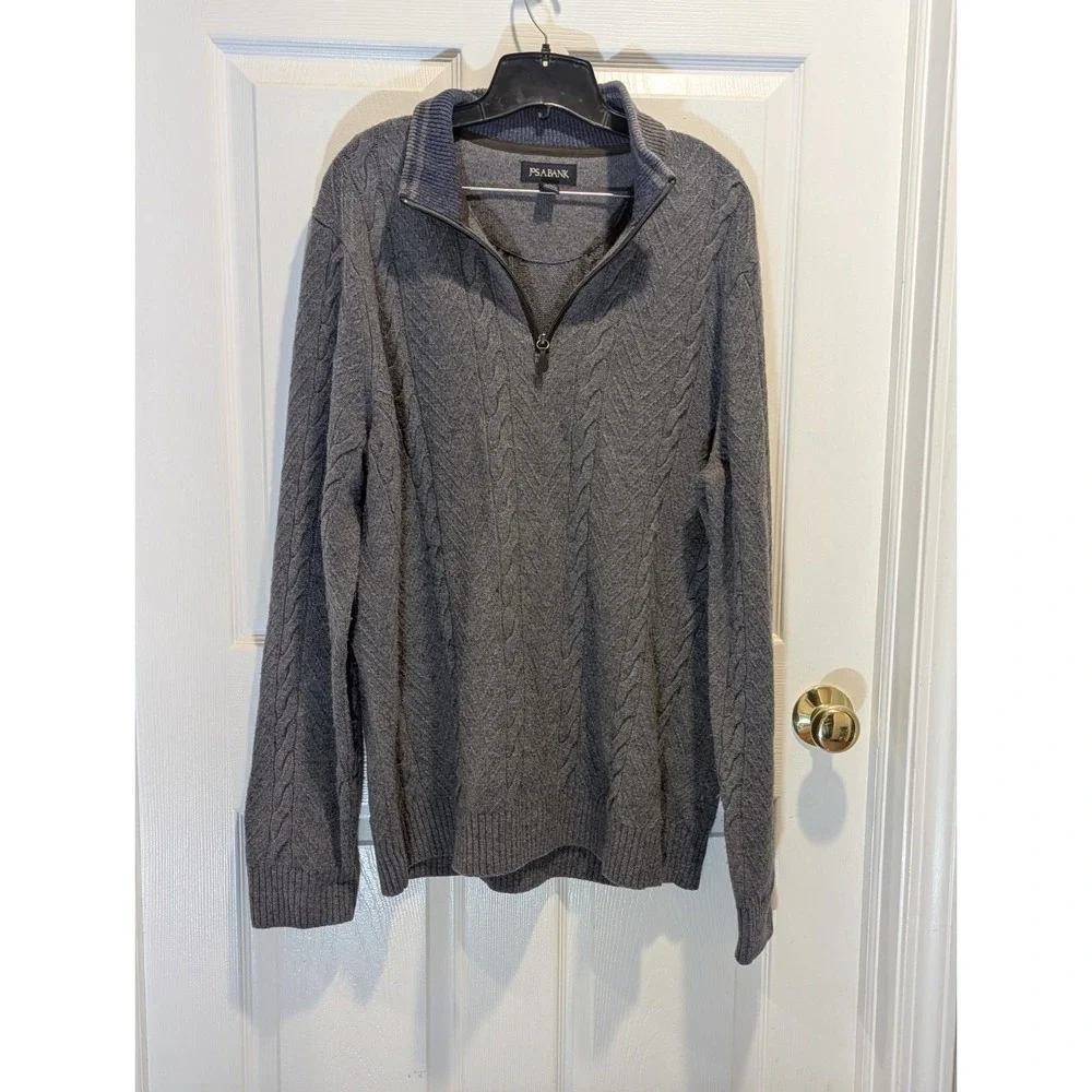 Quiet Luxury Wool Cable Knit 1/4 Zip Jos A Bank Sweater Large Gray Old Money